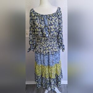 EUC Anthropologie Floral Blue and Yellow Women's Dress